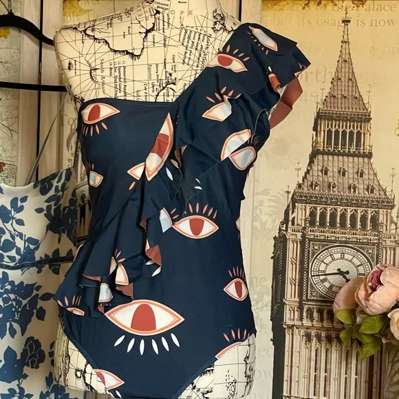 Turkish Evil Eye Ruffle One Piece Bikini Swimsuit, Matching Wrap Sold Separately - Picture 3 of 4